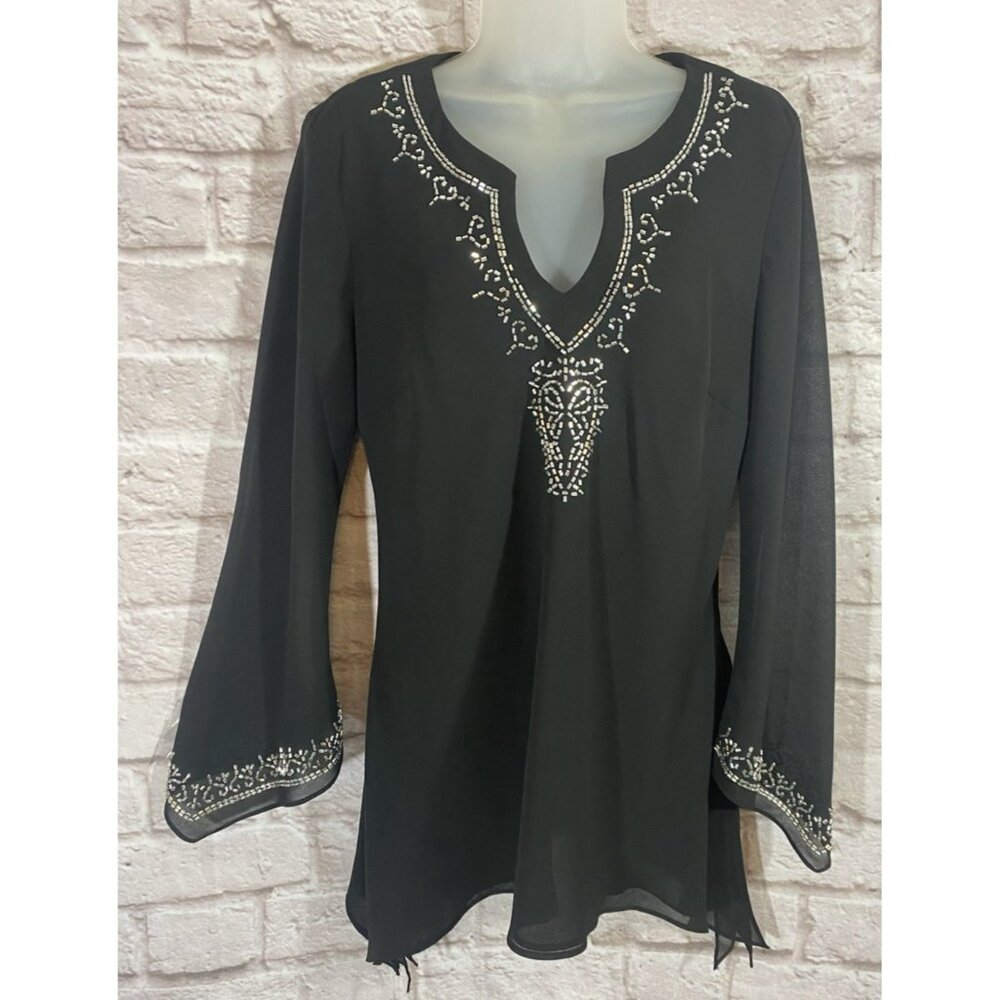 JR Nites By Caliendo Black Layered Tunic Top Silver Beads Asymmetrical Hemline 8
